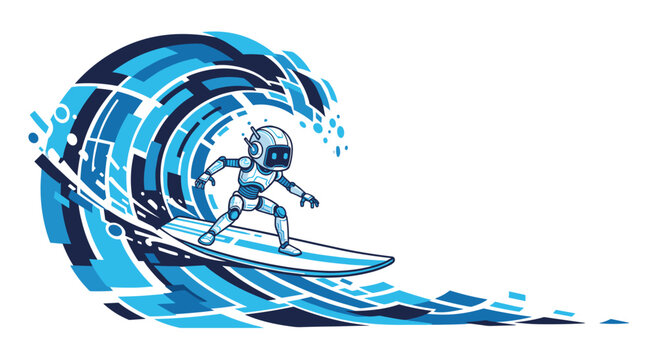 A small white robot surfs on a large, stylized blue digital wave composed of geometric shapes and circuit-like patterns against a clean, solid white background.