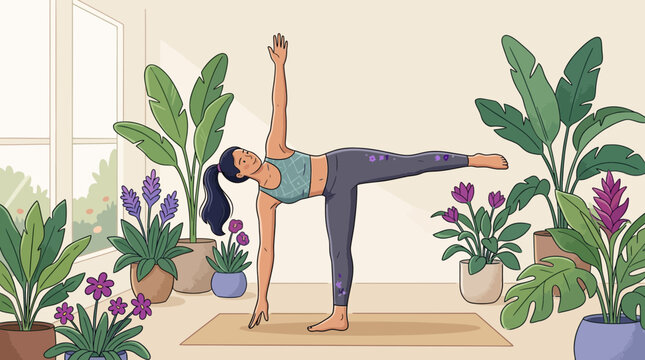 Woman practicing yoga half moon pose surrounded by lush green houseplants and purple flowers