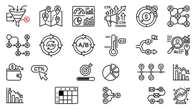 Digital marketing icons set, conversion rate optimization and A/B testing vector elements, business data analytics and sales funnel line art