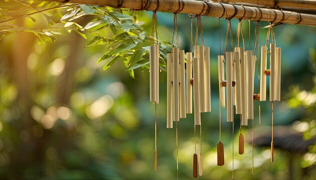Serene outdoor scene with metallic wind chimes hanging from bamboo