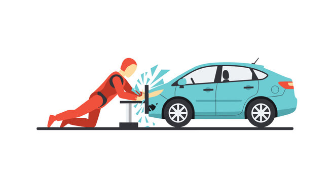 A red crash test dummy leans against a light blue automobile to inspect the front bumper in a bright white studio setting with clean flat vector graphic style.