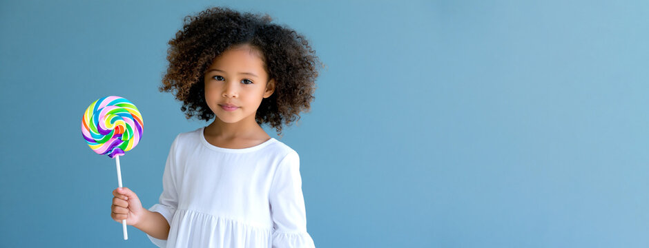 Young girl with curly hair wearing a white dress holds a colorful lollipop against a solid blue background, showcasing a playful and cheerful expression