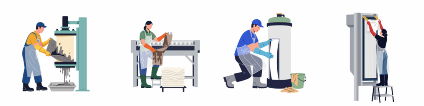 Flat vector set of workers in a leather tanning factory processing animal hides using industrial machinery and specialized equipment for manufacturing.