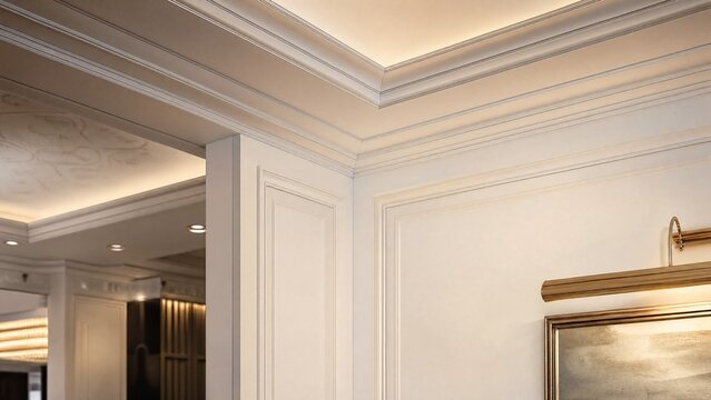 Decorative molding where ceiling and wall meet in an elegant joint.
