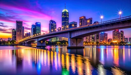 Naklejka premium Futuristic City Skyline at Sunset with Illuminated Bridge Reflection