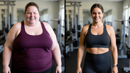 Fototapeta premium Women fitness transformation comparison demonstrating substantial weight loss improved health confidence growth and commitment to active living