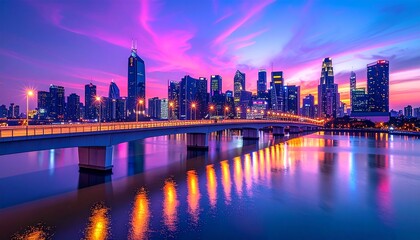 Fototapeta premium Futuristic City Skyline at Sunset with Illuminated Bridge Reflection