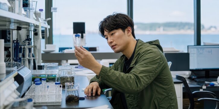 Generative AI, Marine Biologist Examining Water and Plant Samples in a Lab