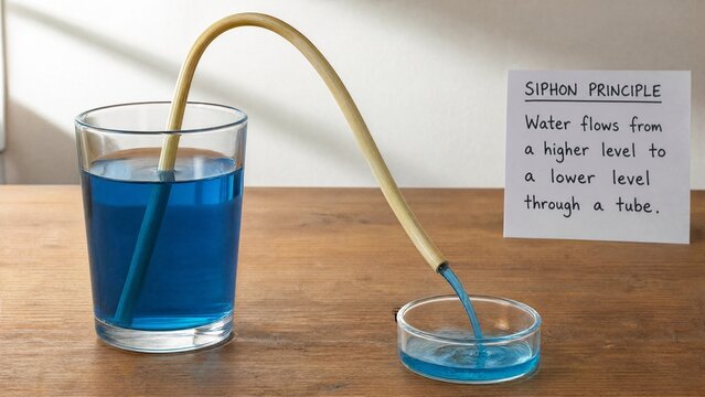 siphon. Hollow reed demonstrating siphon principle with water flowing through. STEM education sheets, lab safety posters, designed for STEM education and laboratory safety posters.