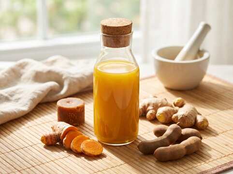 Traditional Turmeric Tamarind Herbal Drink with Fresh Ingredients in Glass Bottle on Bamboo Mat