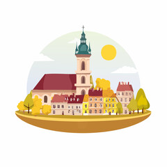 Fototapeta premium Illustrated small town village with church and colorful houses in autumn landscape