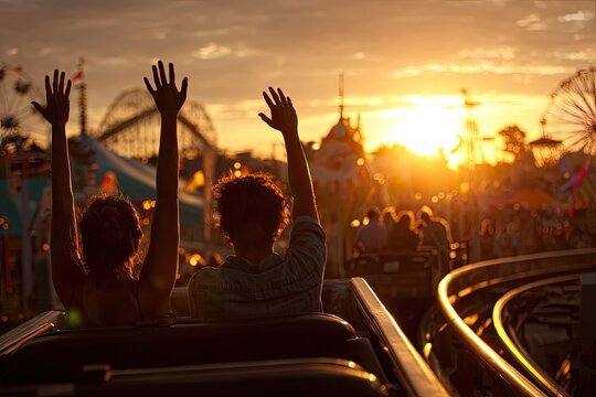 Two friends on roller coaster ride, hands raised in joy, sunset fair atmosphere