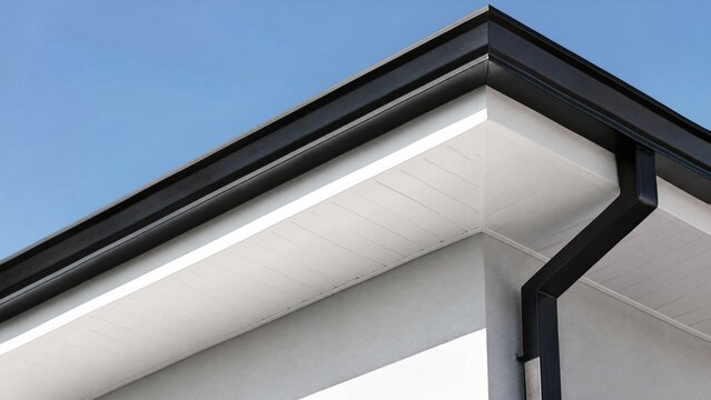 soffit. Clean white soffit board under eaves contrasting with dark rain gutter. real-estate listings, architecture portfolios, designed for real-estate listing and luxury residence showcases.