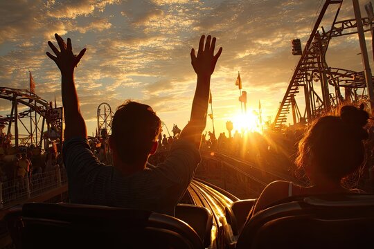 Two people enjoy a sunset ride on a thrilling roller coaster