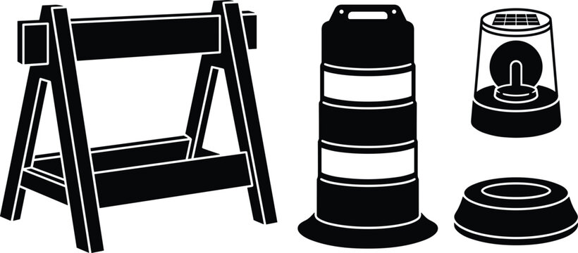 Road Construction and Traffic Safety Barrier Vector Silhouette Set with Wooden Barricade Channelizer Drum Barrel and Flashing Warning Light Graphics