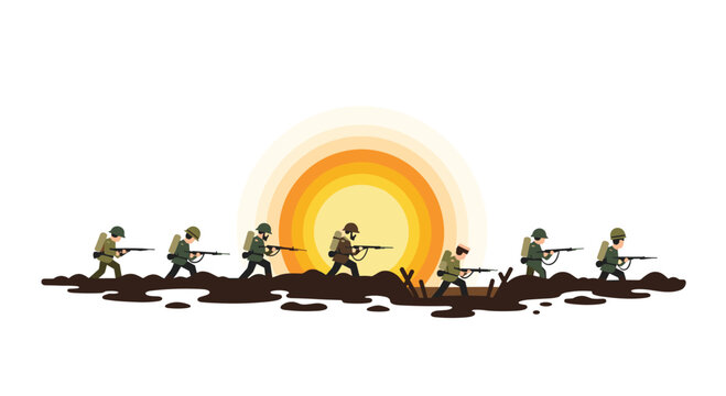 A line of soldiers wearing olive green uniforms and helmets navigates through dark earth trenches toward a massive glowing sun rising on the horizon in this graphic.