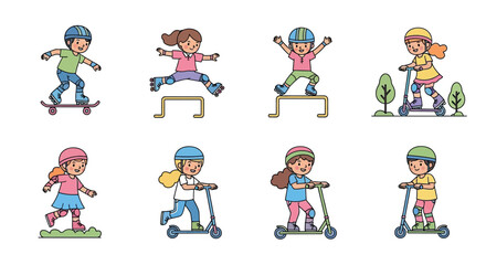 Fototapeta premium Kids Riding Scooter and Outdoor Activity Cartoon Character Set with Children Playing and Healthy Lifestyle Illustration