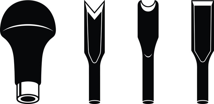 Wood Carving and Linocut Linoleum Cutting Tools Vector Silhouette Set with Interchangeable Handle Gouges and Chisel Graphics