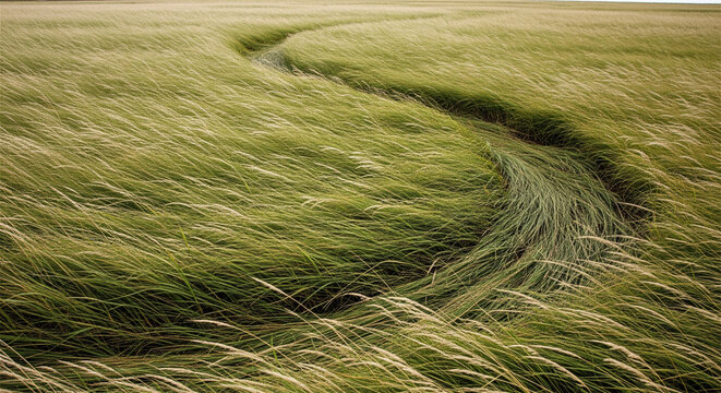 Wind sweeps across a vast field of tall green grass, creating a natural path.