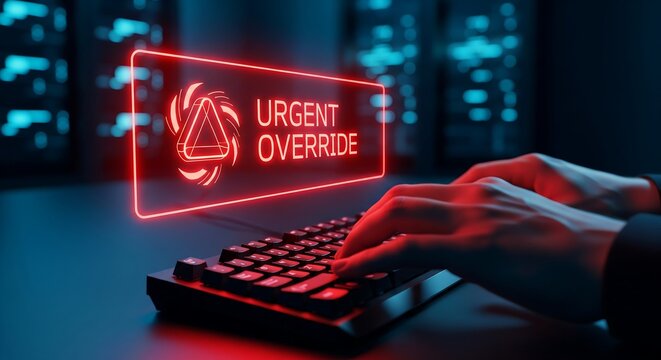 Person typing on keyboard with neon alert sign in dark office setting