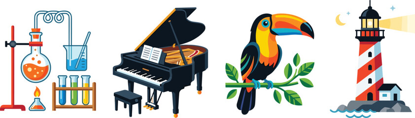 Colorful Vector Icon Set Featuring Chemistry Lab Equipment, Grand Piano, Exotic Toucan Bird, and Coastal Lighthouse Isolated on White Background © MdMahedy