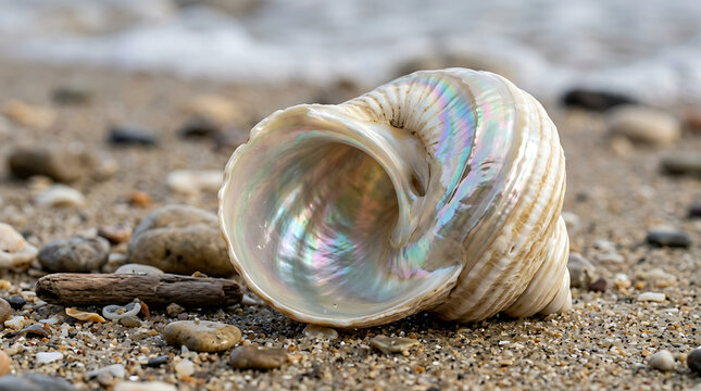 Iridescent seashell on sandy beach illustration