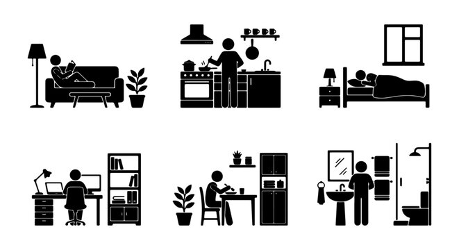 Daily Life Icons: Relaxing, Cooking, Sleeping, Working, Eating, Bathroom Activities, Vector Set