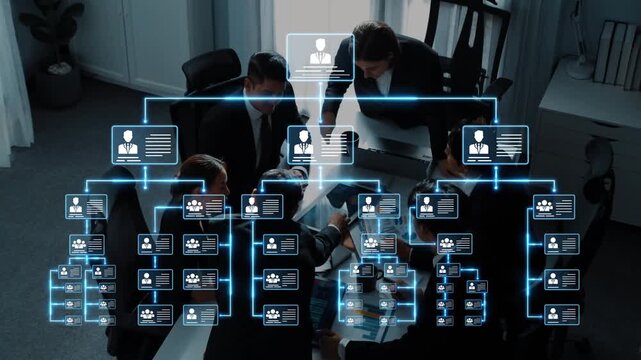 An engaging visual portrayal of a corporate meeting, showcasing teamwork and digital organizational hierarchy with professionals collaborating in a modern office environment. Raster