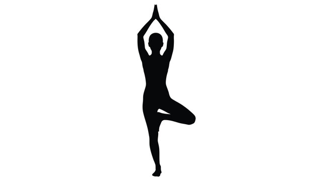 Human Silhouette In Tree Pose Yoga Position Against White Background