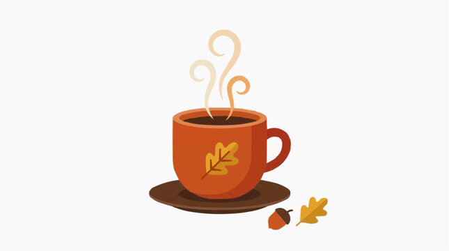 Illustration of a steaming cup of tea or coffee, cozy autumn atmosphere, isolated on a white background, modern vector design.
