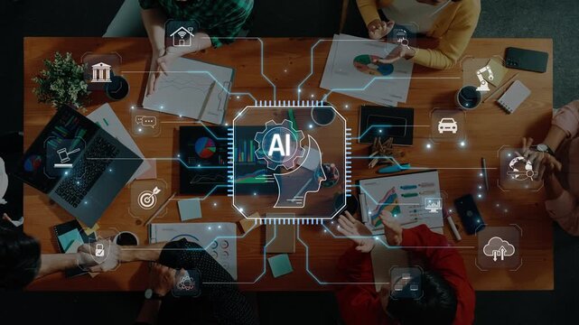 Diverse group collaborating on artificial intelligence concepts surrounded by digital icons representing technology, data, and innovation themes. Raster.