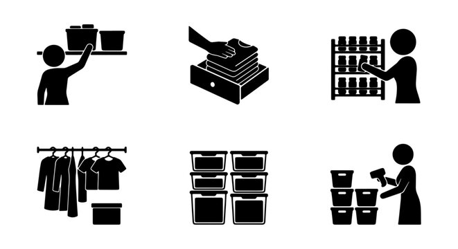 Storage Solutions, Organization Icons, Warehouse Management, Inventory Control, Retail Logistics, Vector Set