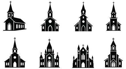 Fototapeta premium Black Silhouette Collection Of Various Church Buildings And Steeple Designs