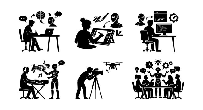 Creative Process Icons, Digital Art & Design, Music Production, Filmmaking, Teamwork, 6 Vector Graphics