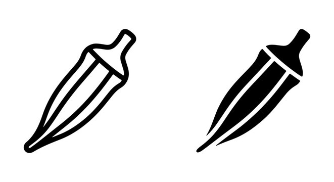 Okra Vegetable Icon Set, Fresh Organic Okra Outline and Silhouette, Healthy Food Graphics for Culinary Design