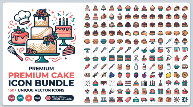 Premium cake icon bundle with 150+ unique vector icons, bakery and pastry shop graphic elements, professional dessert and baking tools set