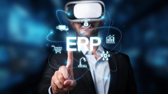 A business professional interacts with virtual reality technology to visualize enterprise resource planning concepts, showcasing innovation in a modern digital landscape. Raster
