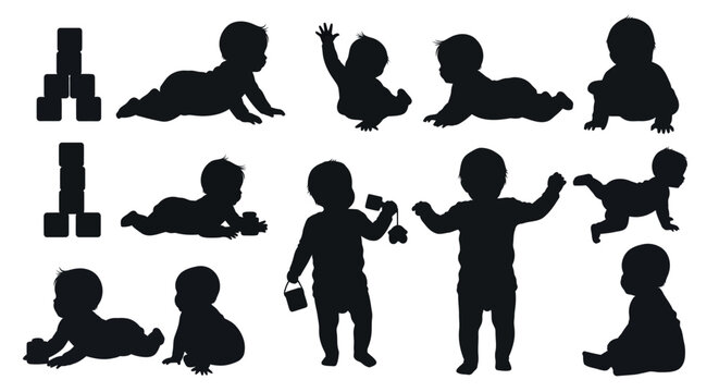 Cute baby development and playtime vector silhouettes set with infants crawling, sitting, standing, and playing with toy blocks.
