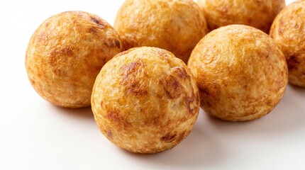 Fototapeta premium Delicious golden brown round Japanese takoyaki street food balls served on a clean white surface