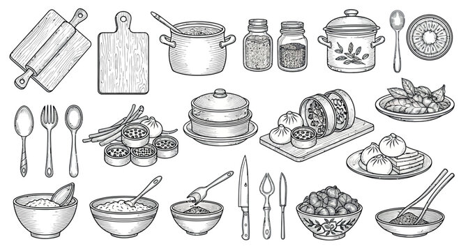 Cooking utensils and traditional dim sum vector line art elements set featuring bamboo steamer, rolling pin, cutting board, bowls, and dumplings.