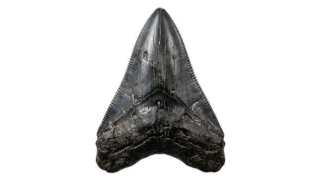 Ancient fossilized shark tooth, a sharp prehistoric relic of marine predator, isolated on white