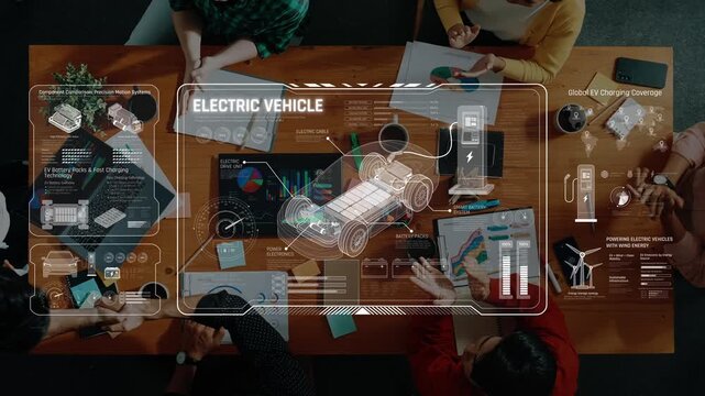 A diverse team collaborates in a modern workspace analyzing electric vehicle technology, showcasing visual data and innovative concepts for sustainable transportation solutions. Raster