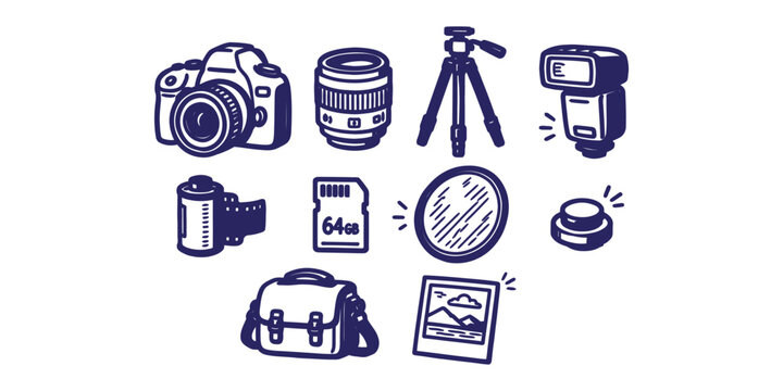 Hand-drawn photography camera equipment and accessory sketch icon set vector illustration
