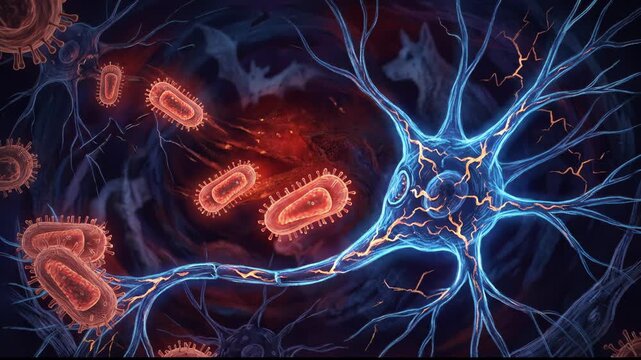 Viral infection process: rabies virus, rhabdovirus invade, neuron cell, nerve damage, brain system, disease transmit, animal host, cellular impact, microscopic danger, biological threat.