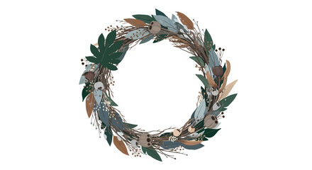 Fototapeta premium Autumn botanical wreath vector illustration with rustic twigs, colorful forest leaves, dried flora, and winter berries frame.