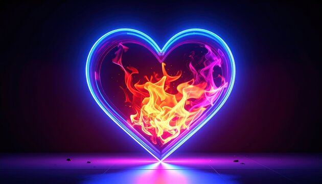 Glowing Neon Heart with Fiery Passion Inside.