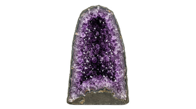 Deep purple amethyst geode crystal cluster with sparkling translucent facets, natural mineral texture