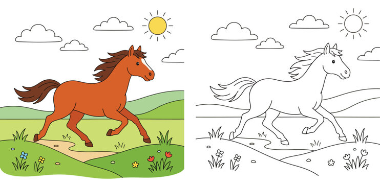 Cute horse running in a meadow. Coloring book page for kids with color example and black and white outline vector illustration.