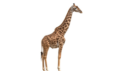 Tall spotted giraffe with long neck standing, isolated on transparent background © Aliona
