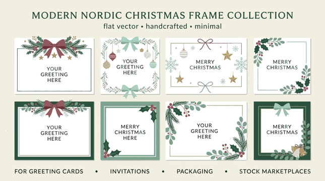 Modern Nordic Christmas frame collection with minimal flat vector borders, holiday ribbons, holly berries, and winter foliage templates.